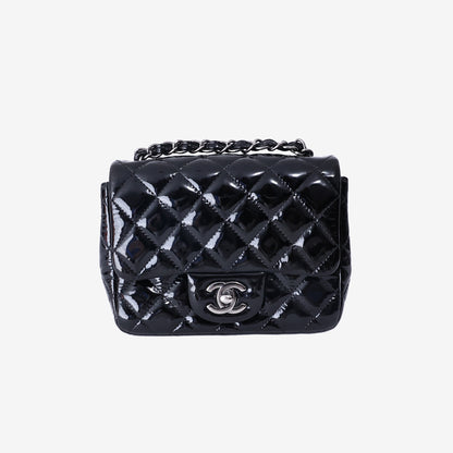 Chanel Mini Classic Flap Bag in Black Patent Leather with Silver Hardware