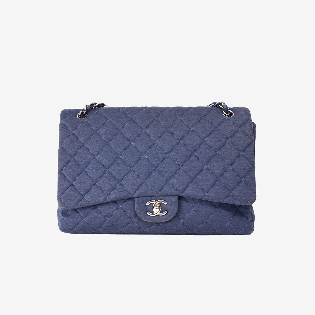 Chanel Quilted Jersey Denim Classic Flap Bag in Blue Knit Fabric with Silver Hardware