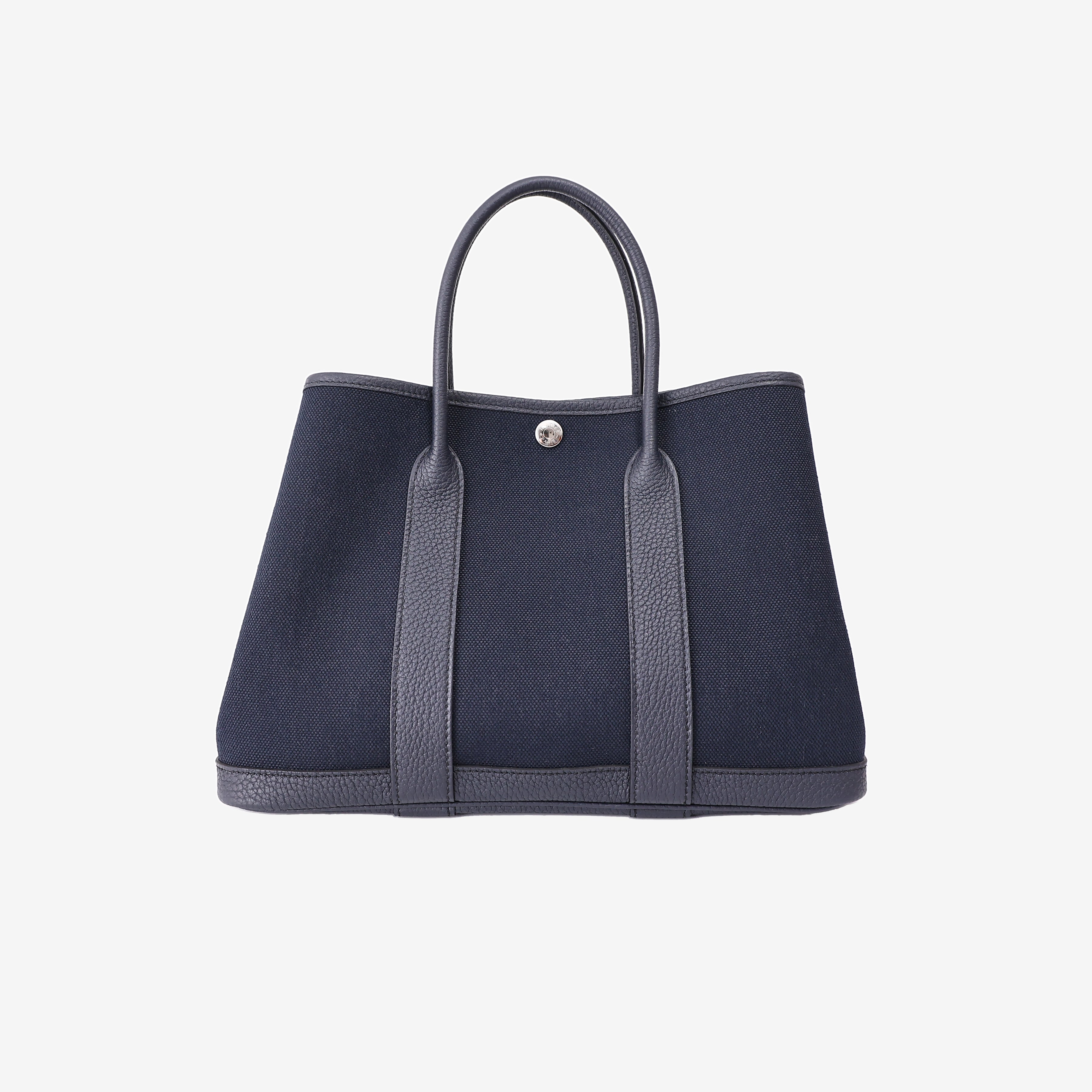 Hermès Garden Party 30 in Bleu Indigo Negonda Leather and Toile Canvas with Palladium Hardware back view