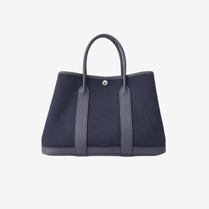 Hermès Garden Party 30 in Bleu Indigo Negonda Leather and Toile Canvas with Palladium Hardware back view