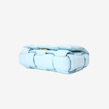 Bottega Veneta Padded Cassette Bag in Light Blue Woven Calf Leather with Gold Hardware