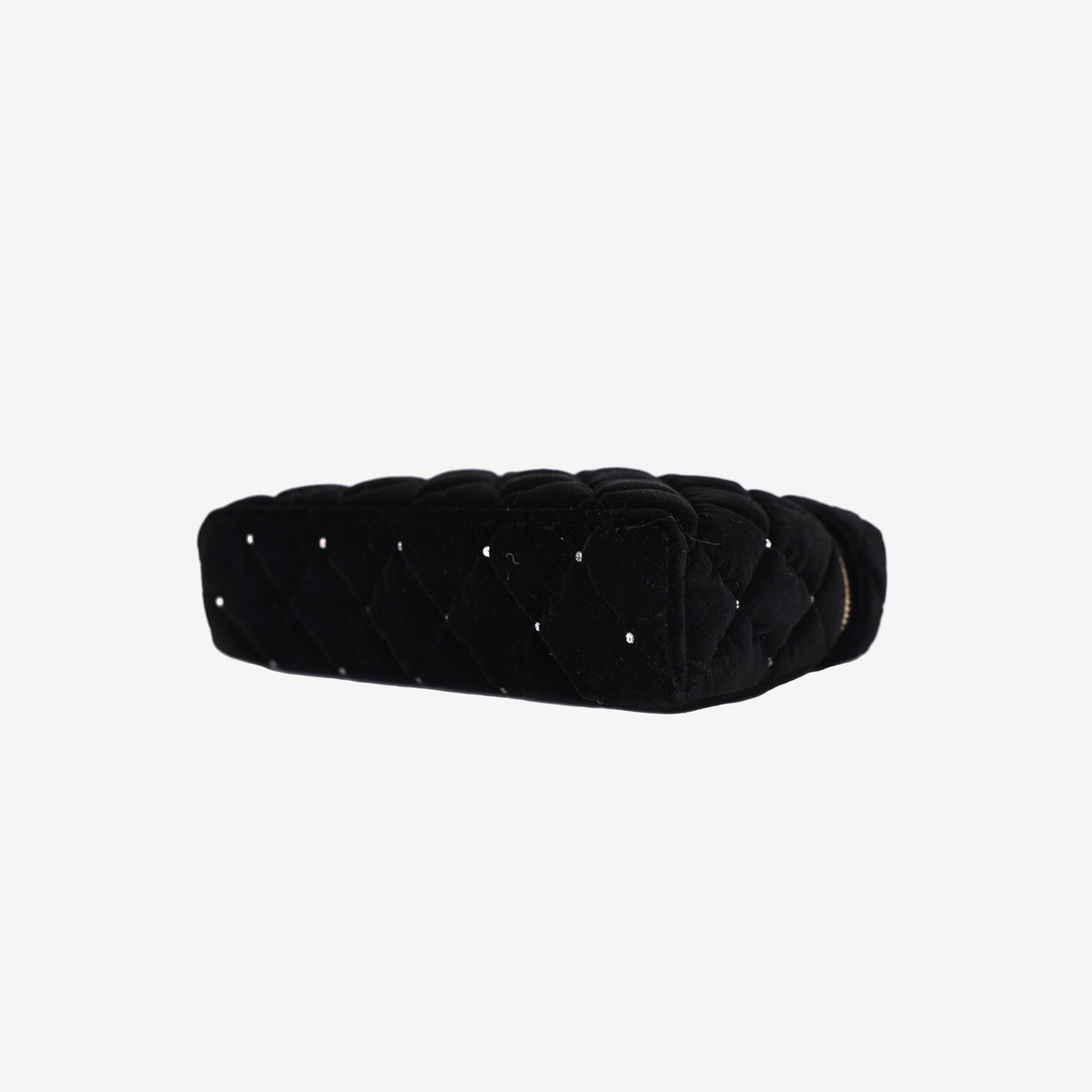 Chanel Velvet Diamanté Quilted Top Handle Vanity Case in Black with Gold Hardware bottom side view