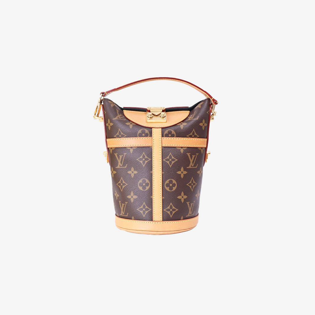 Louis Vuitton Duffle Handbag in Brown Monogram Canvas with Gold Hardware front view