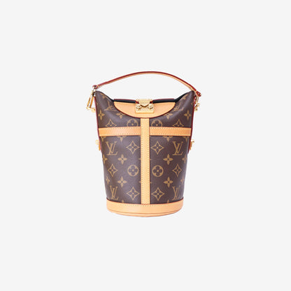 Louis Vuitton Duffle Handbag in Brown Monogram Canvas with Gold Hardware front view