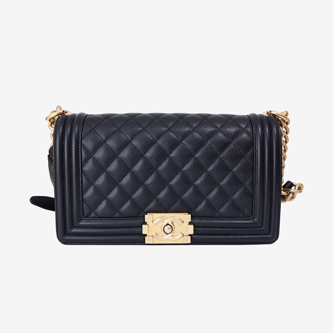 Chanel Boy Bag Medium in Black Caviar Leather with Gold Hardware front view