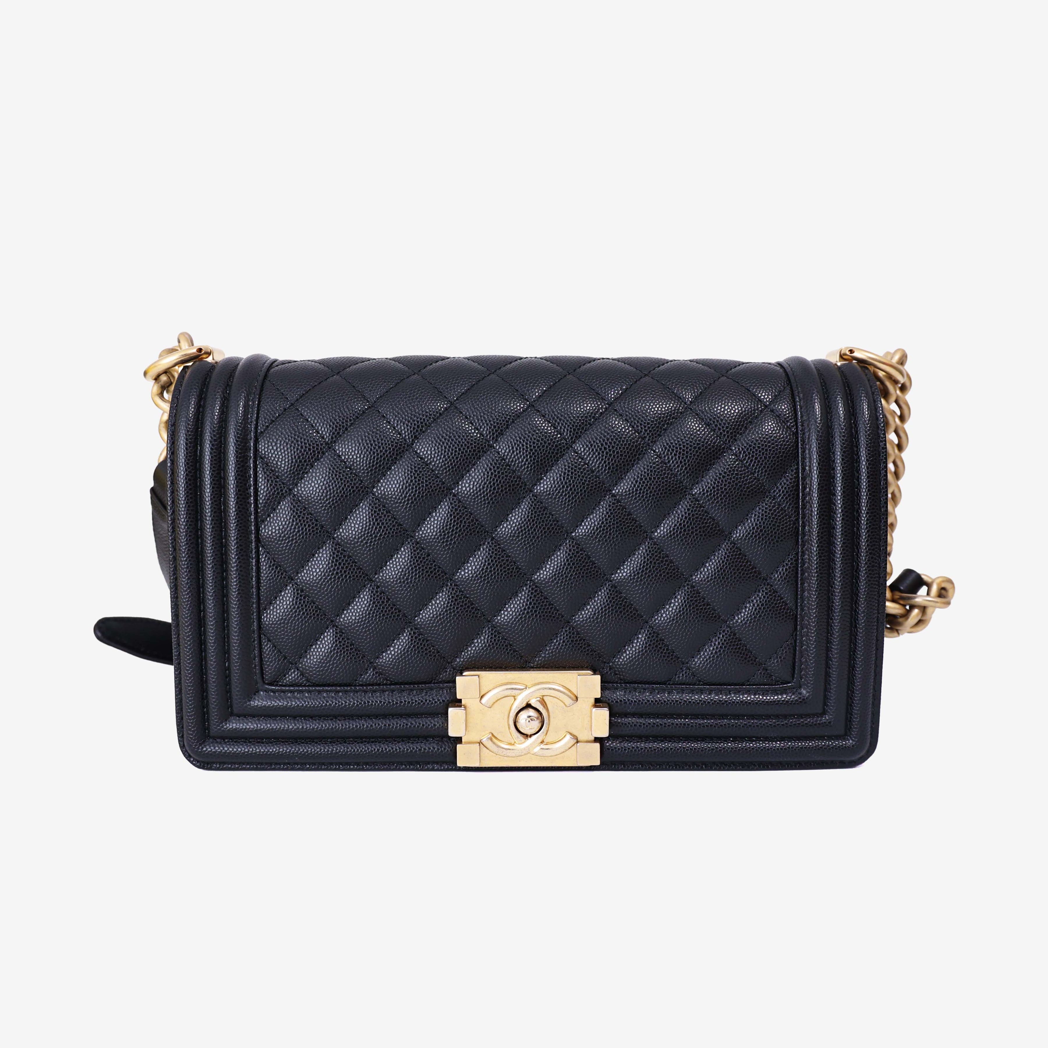 Chanel Boy Bag Medium in Black Caviar Leather with Gold Hardware front view