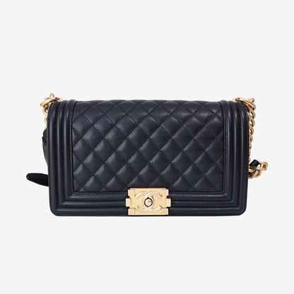 Chanel Boy Bag Medium in Black Caviar Leather with Gold Hardware front view