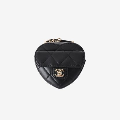 Chanel Quilted Lambskin CC in Love Heart Coin Purse in Black with Gold Hardware