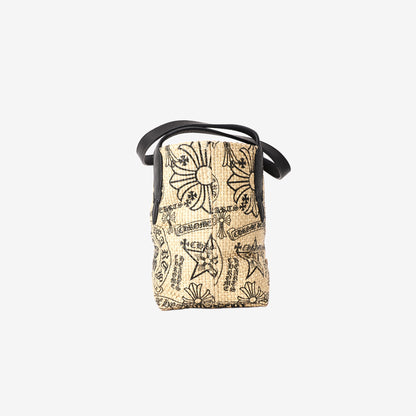 Chrome Hearts Monogram-Print Beach Bag in Beige Woven Straw with Black Leather Handles