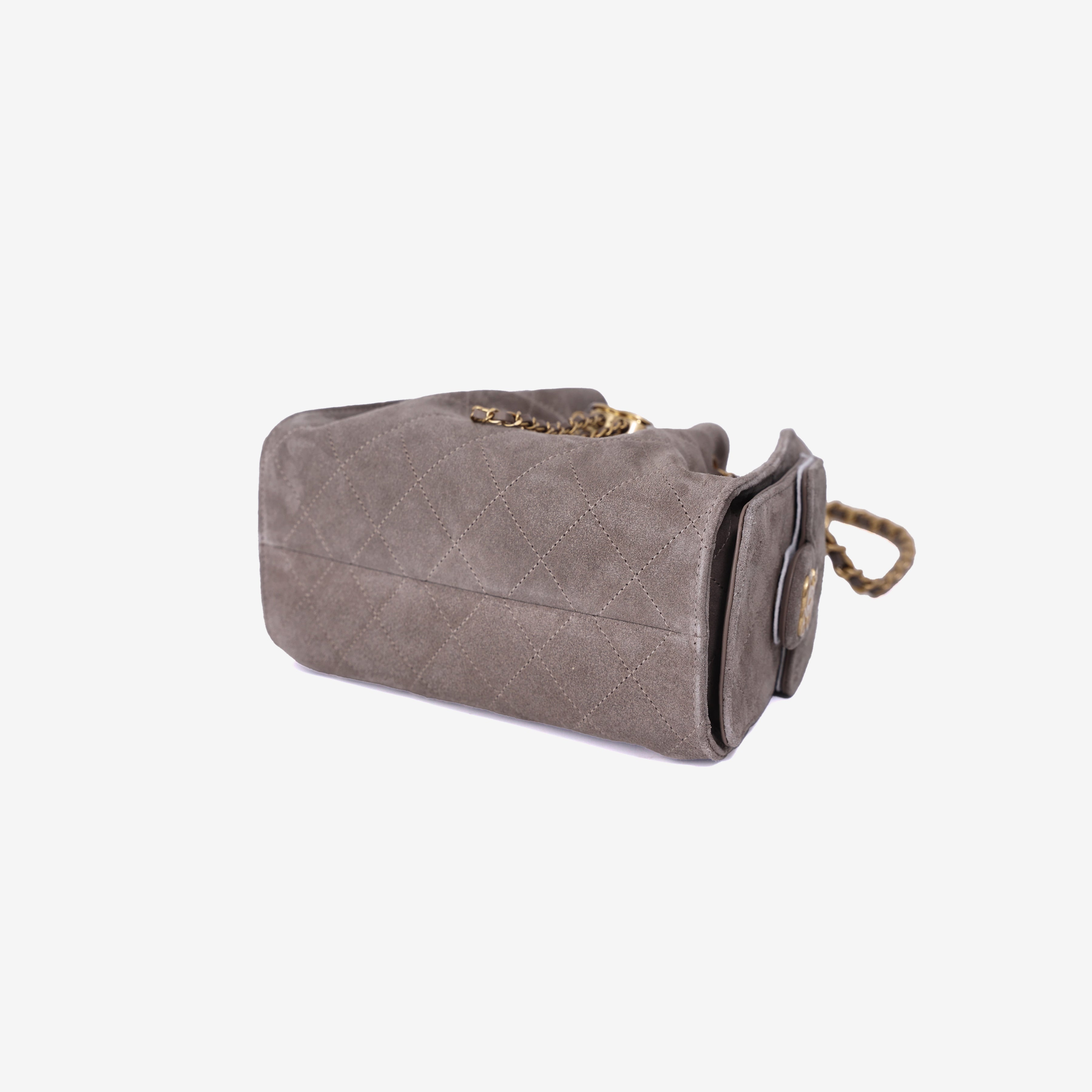 Chanel 25 Small Handbag in Dark Grey Suede with Gold Hardware bottom side view