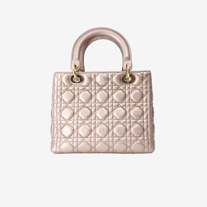 Dior Medium Lady Dior Handbag in Metallic Champagne Gold Cannage Quilted Lambskin with Gold Hardware
