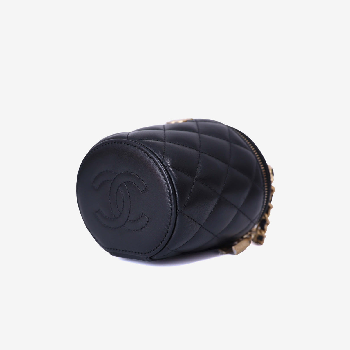Chanel Bucket Bag in Black Calfskin Leather with Gold Hardware bottom side view