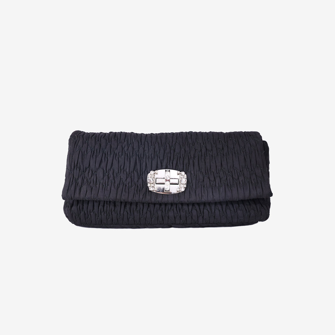 Miu Miu Crystal Shoulder Clutch Bag in Black Fabric with Silver Hardware