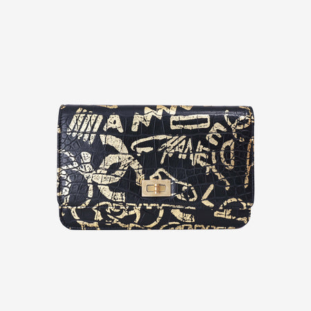 Chanel 2.55 Wallet on Chain in Black Calfskin Leather with Gold Hardware front view