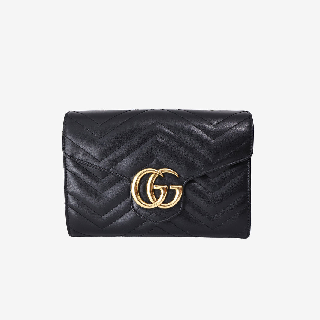 Gucci GG Marmont Wallet on Chain in Black Matelassé Lambskin Leather with Gold Hardware