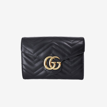 Gucci GG Marmont Wallet on Chain in Black Matelassé Lambskin Leather with Gold Hardware