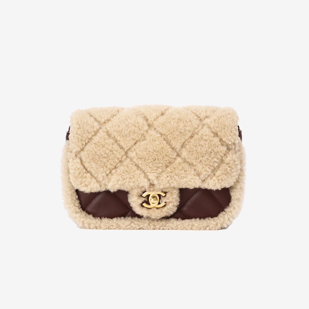 Chanel Shearling Lambskin Quilted Mini Flap in Beige/Brown Lambskin Leather with Shearling front view