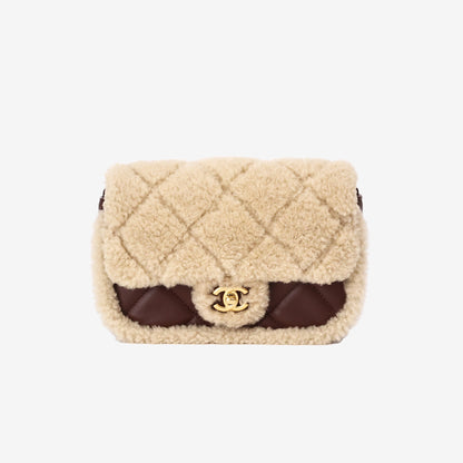 Chanel Shearling Lambskin Quilted Mini Flap in Beige/Brown Lambskin Leather with Shearling front view