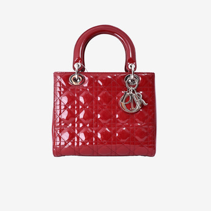 Dior Lady Dior Medium Bag in Cherry Red Patent Cannage Leather with Silver Hardware