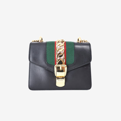 Gucci Sylvie Small Chain Bag in Black Calfskin Leather with Gold Hardware