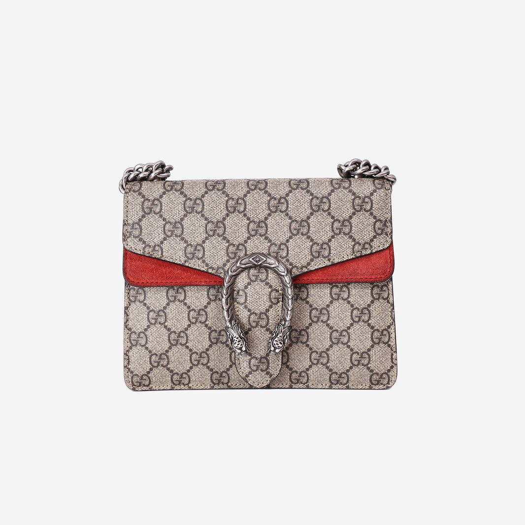 Gucci Dionysus Small Double Chain Shoulder Bag in Beige GG Canvas with Silver Hardware