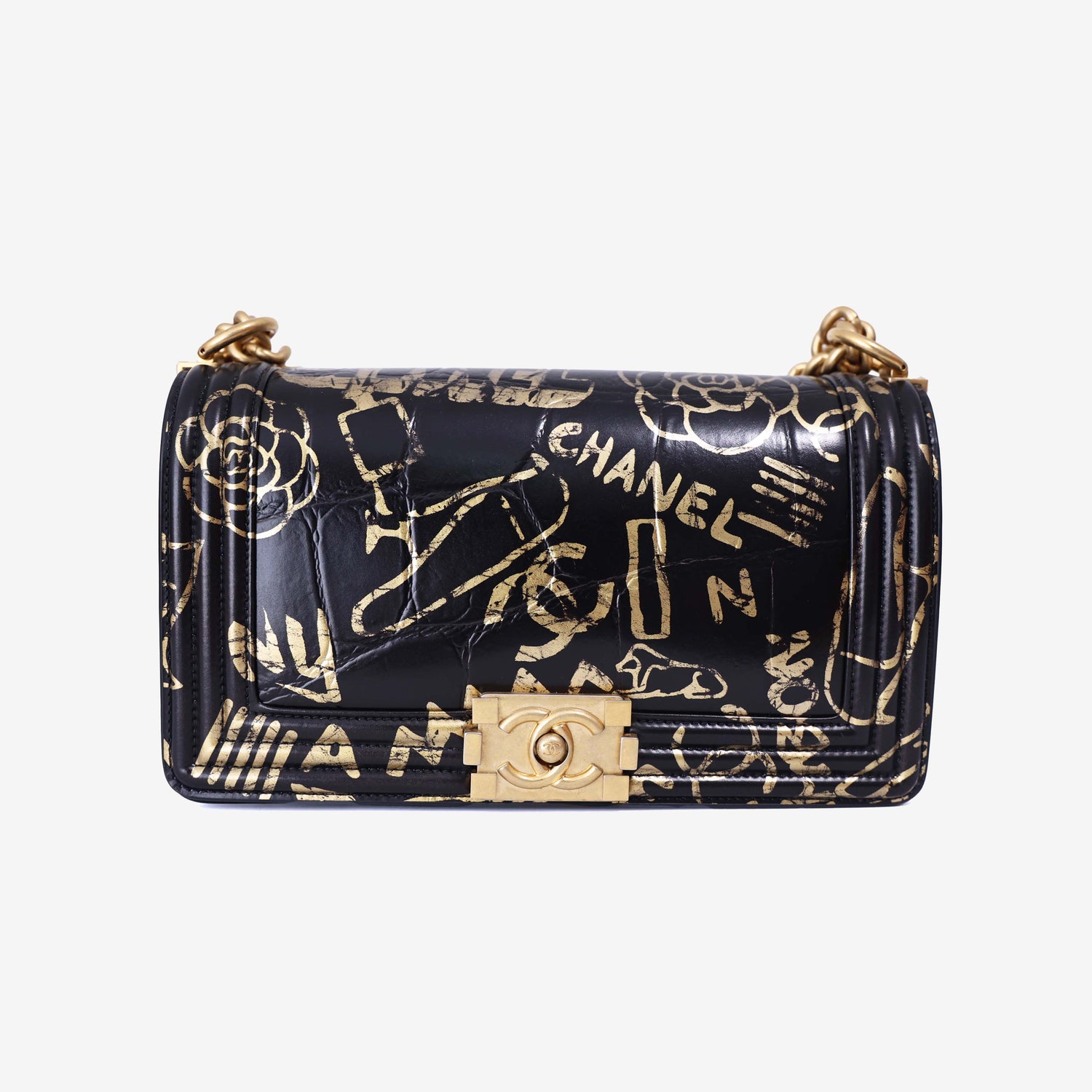 Chanel Medium Boy Flap Bag in Black Embossed Calfskin Leather with Gold Hardware front view