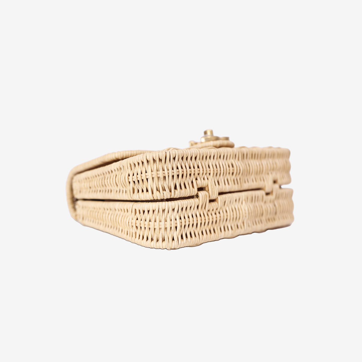 Chanel Mini Flap Bag with Top Handle in Beige Braided Rattan with Gold Hardware bottom side view