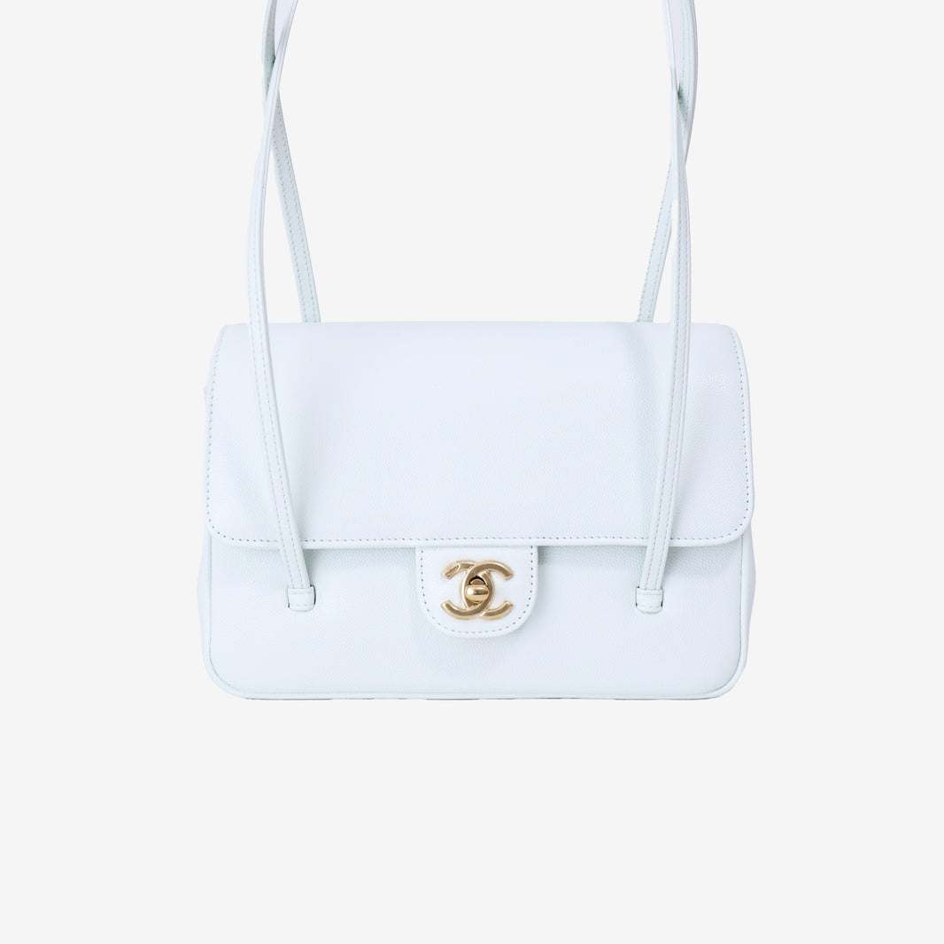 Chanel 26P Preppy Flap Small in Light Blue Calfskin Leather with Gold Hardware front view