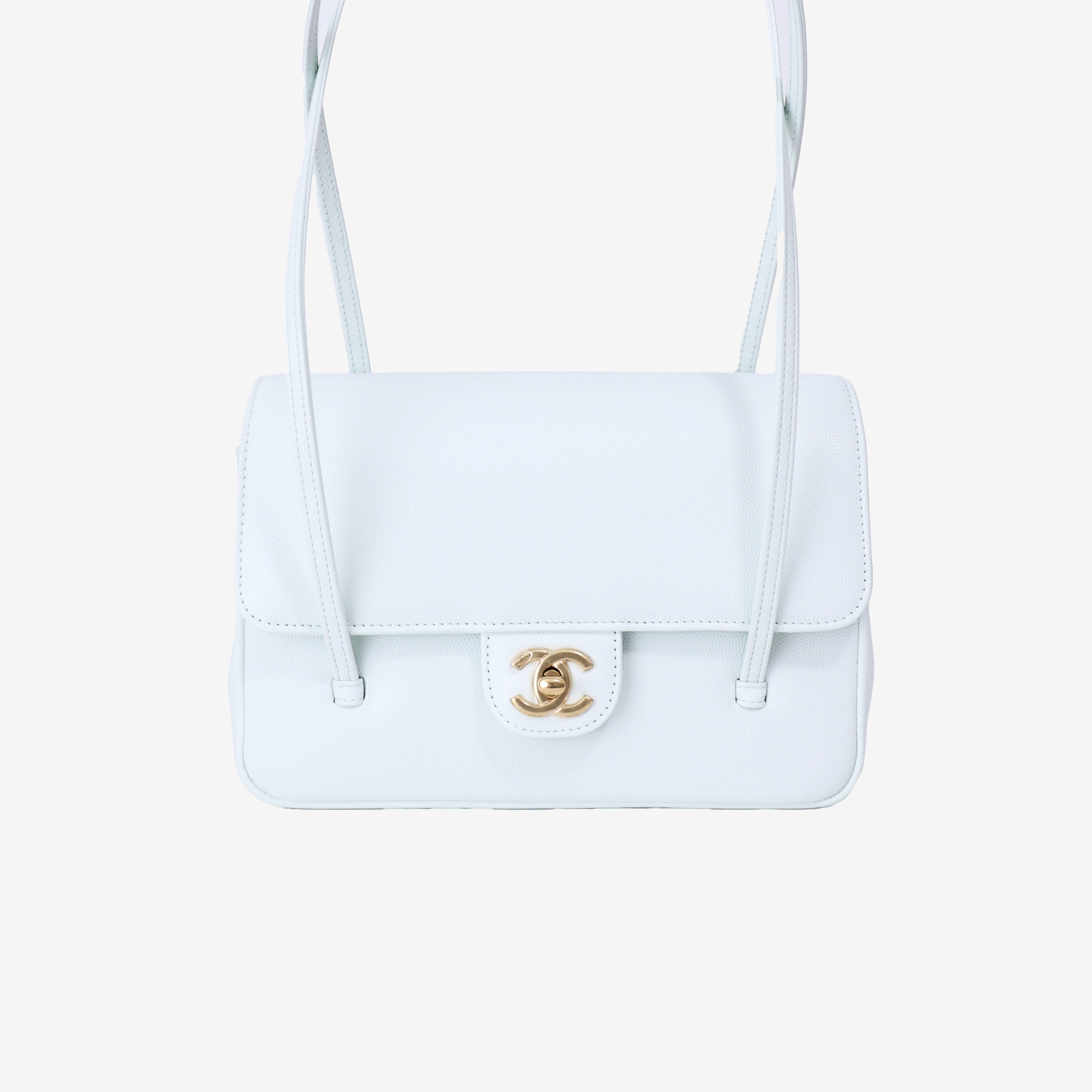 Chanel 26P Preppy Flap Small in Light Blue Calfskin Leather with Gold Hardware front view