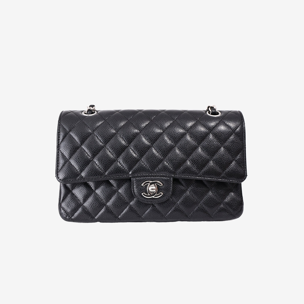 Chanel Medium Classic Double Flap Bag in Black Caviar Leather with Silver Hardware