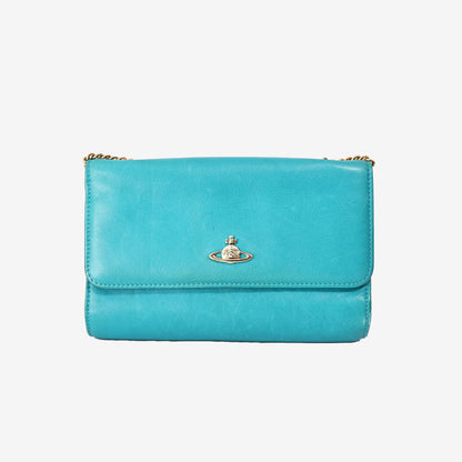 Vivienne Westwood Shoulder Chain Bag in Turquoise Nappa Leather with Gold Hardware