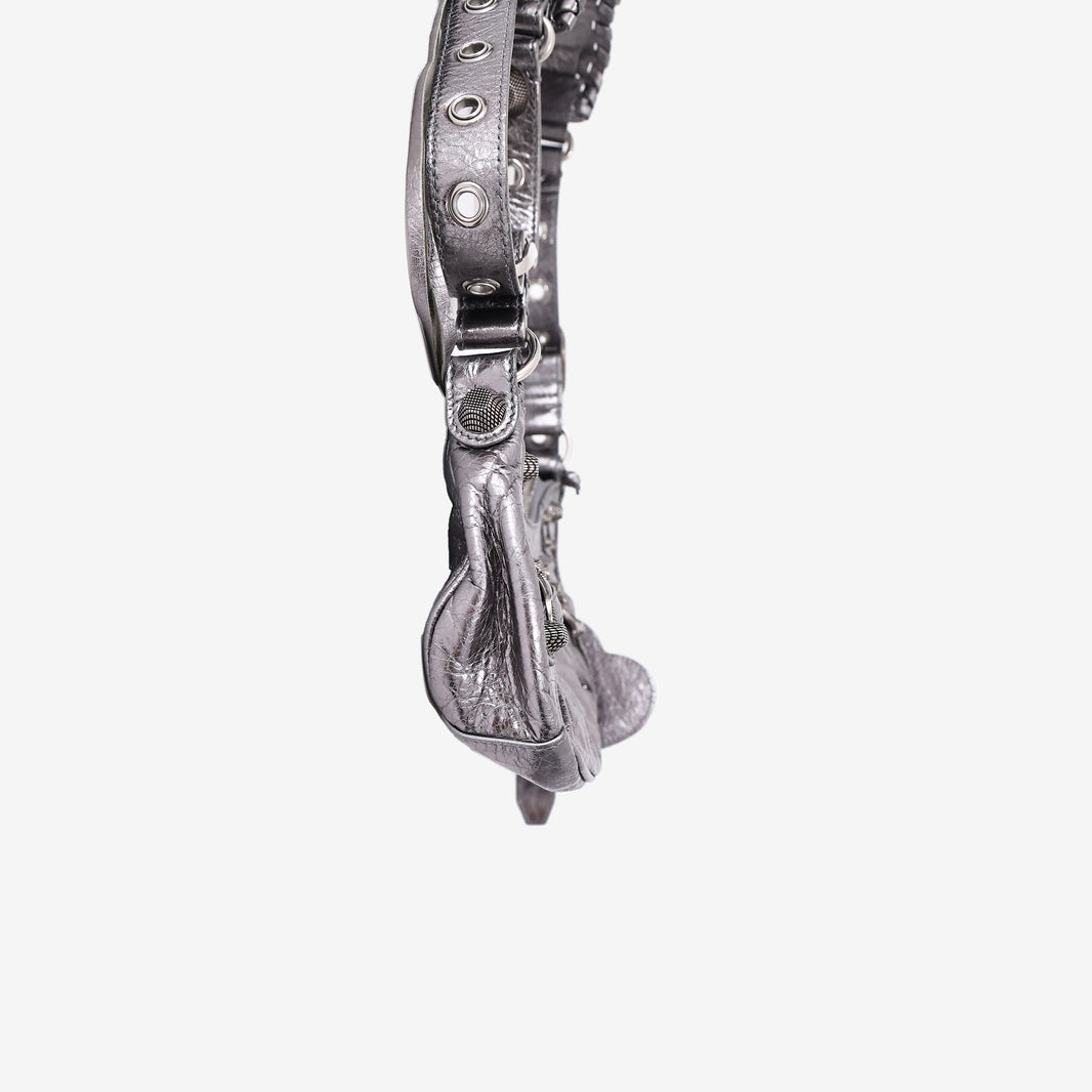 Balenciaga Le Cagole XS Shoulder Bag in Silver Lambskin Leather with Silver Hardware
