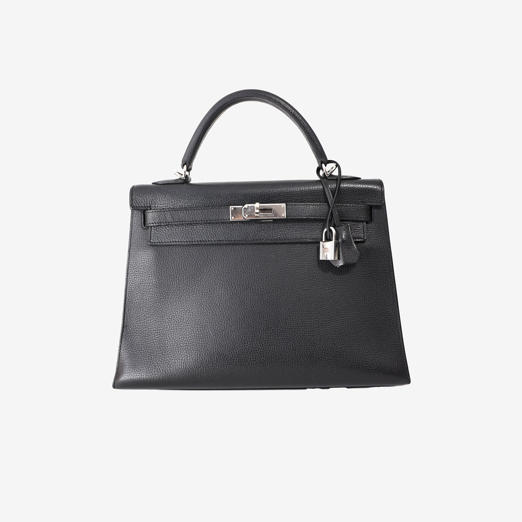 Hermès Kelly 32 in Black Leather with Palladium-Plated Hardware