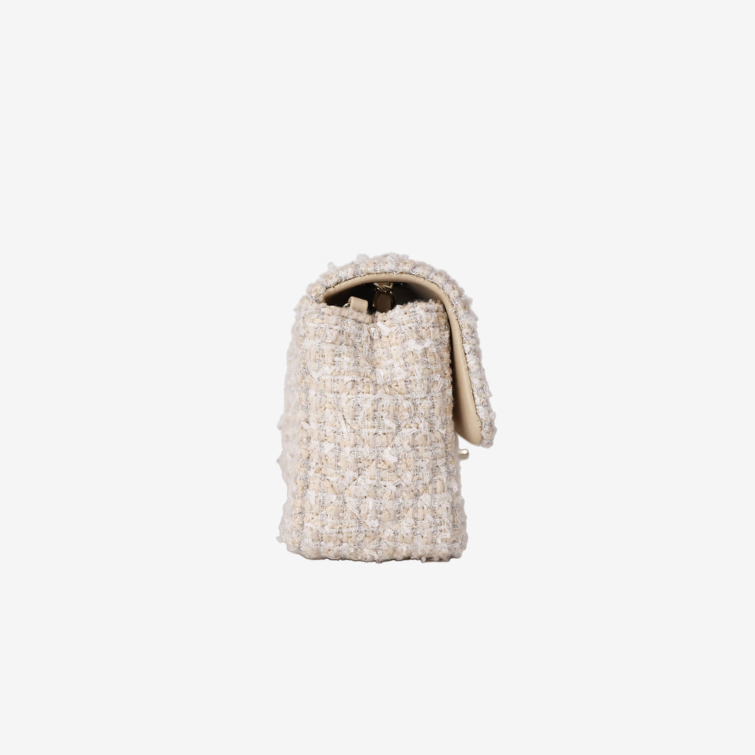 Chanel Tweed Quilted Mini Rectangular Flap in Off-White and Beige Tweed with Gold Hardware