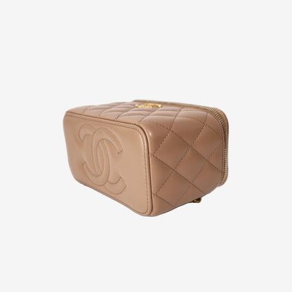 Chanel Vanity Case in Beige Quilted Lambskin Leather with Gold Hardware