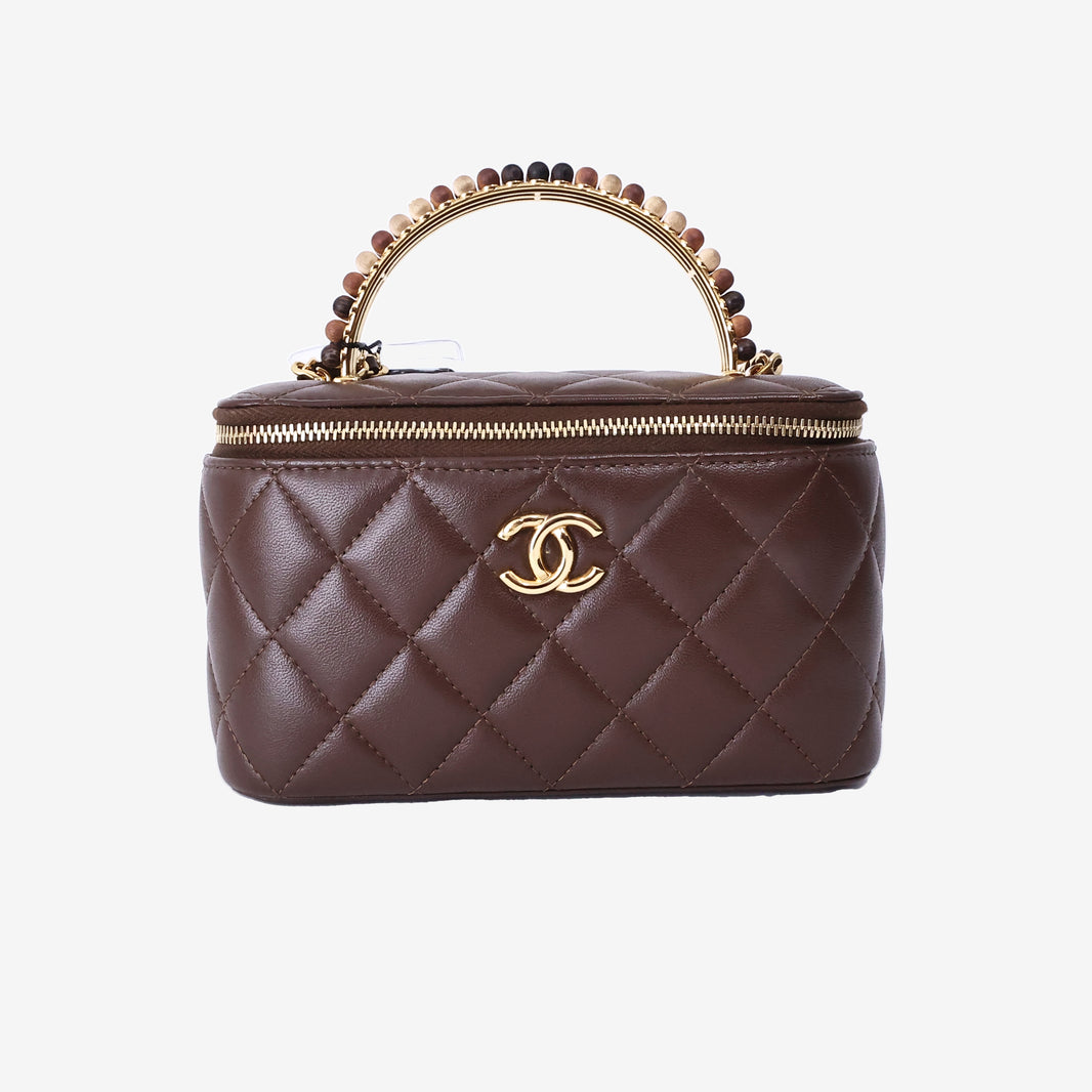 Chanel Vanity Case with Beaded Handle Box Bag in Brown Lambskin Leather with Gold Hardware (Contact to Enquire)