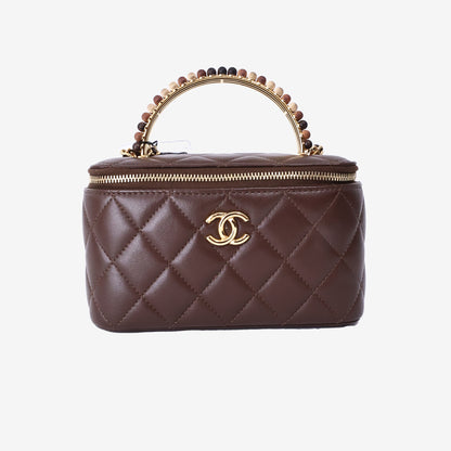 Chanel Vanity Case with Beaded Handle Box Bag in Brown Lambskin Leather with Gold Hardware