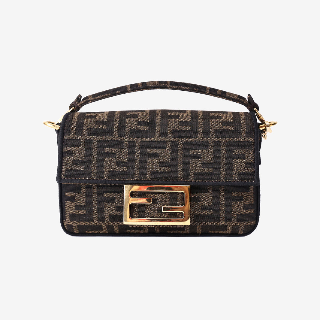 Fendi Mini Baguette Bag in Brown Zucca FF Jacquard Canvas with Gold Hardware