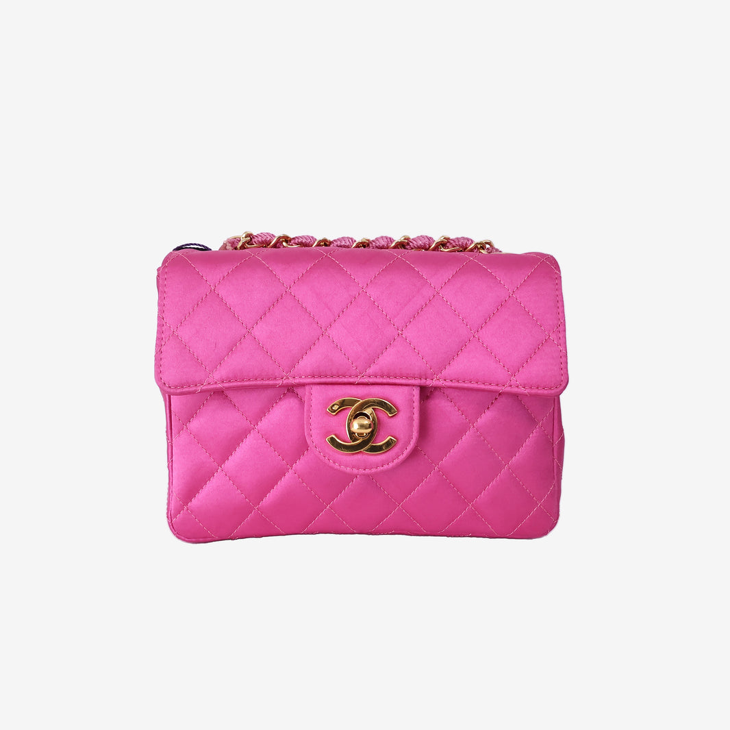 Chanel Satin Mini Classic Flap Bag in Fuchsia Pink with 24K Gold-Plated Hardware