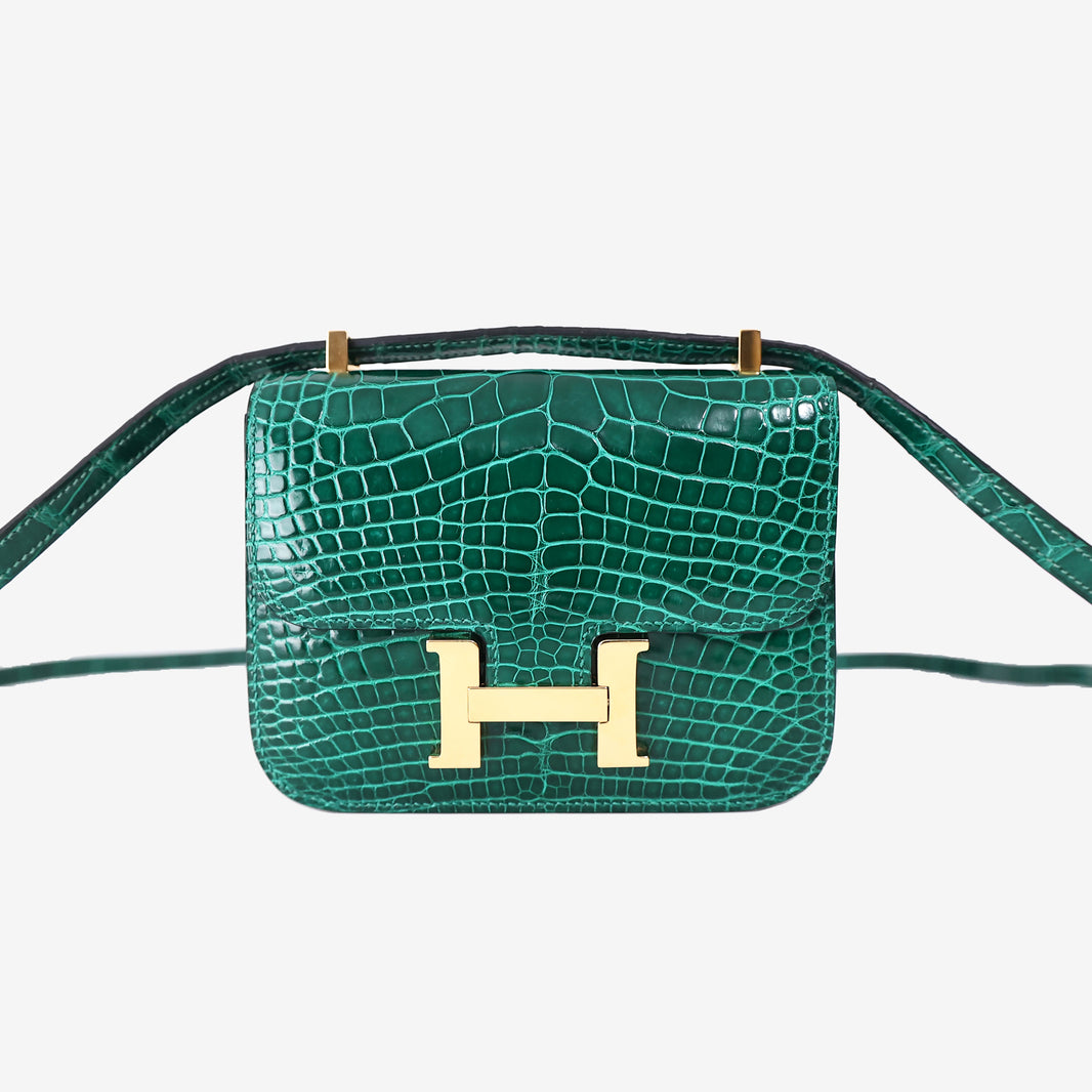 Hermès Micro Constance 14 in Vert Émeraude Matte Porosus Crocodile with Gold Hardware