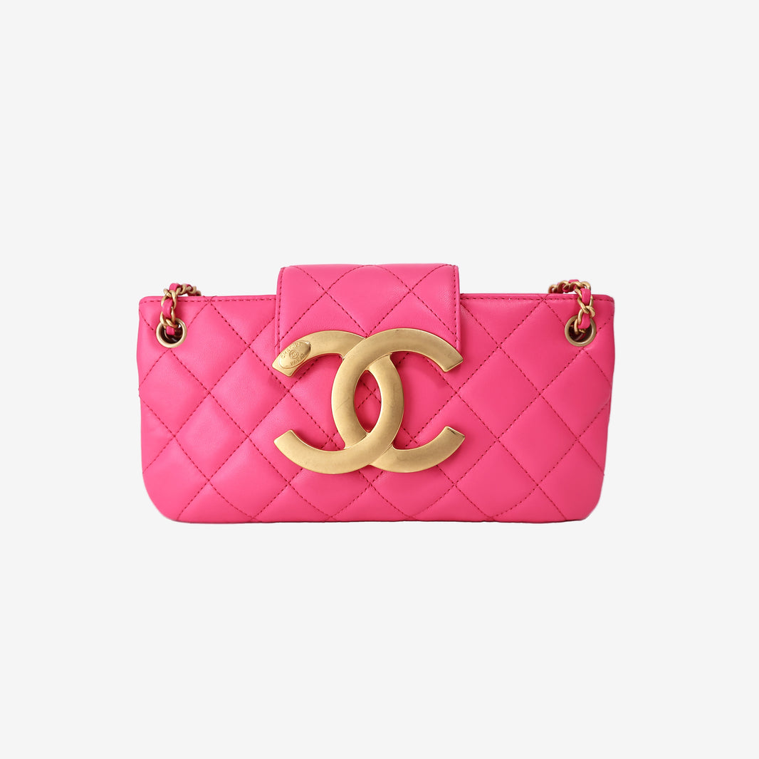 Chanel Fuchsia Baguette Bag in Pink Lambskin Leather with Gold Hardware