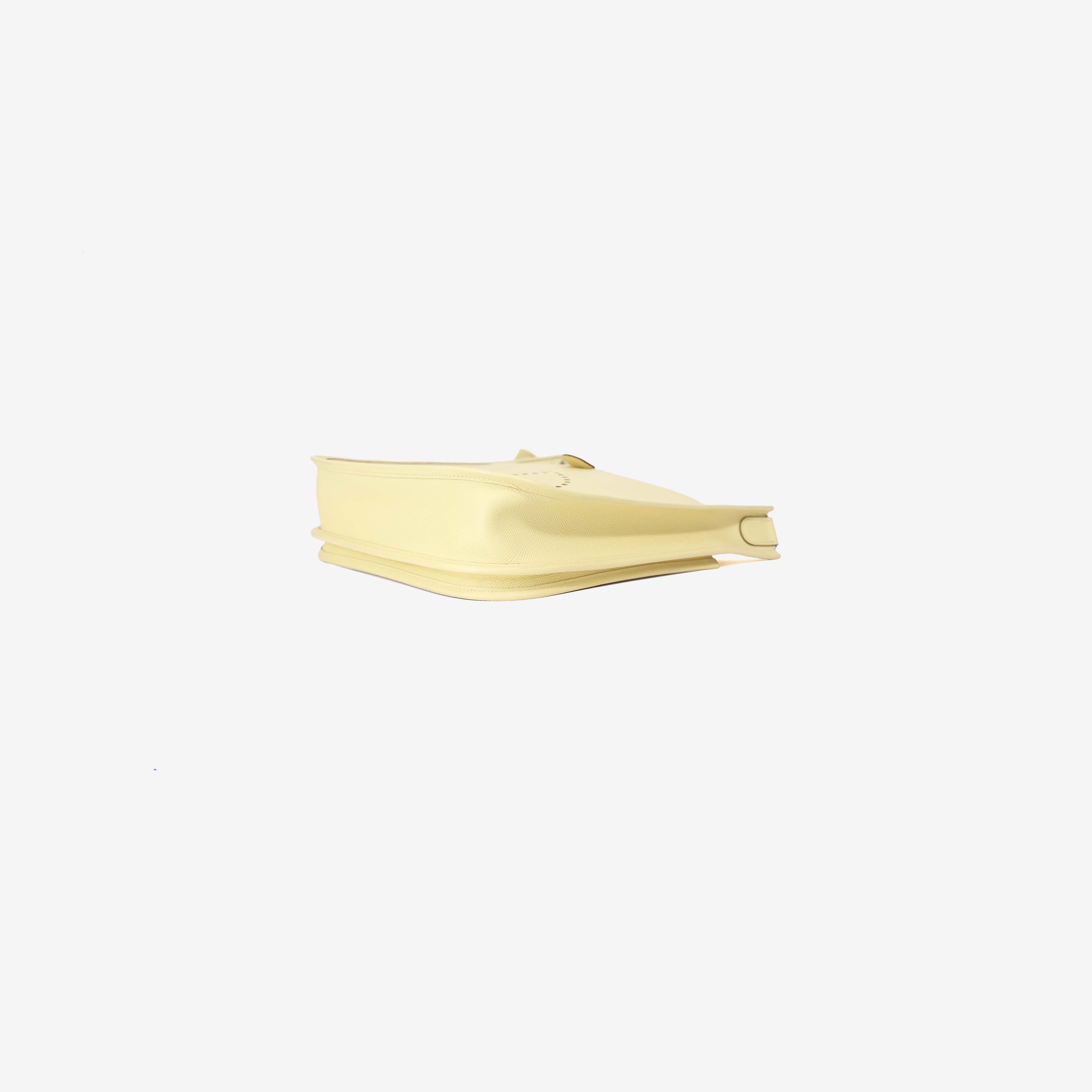 Hermès Evelyne 29 in Jaune Poussin Epsom Leather with Palladium Hardware bottom side view