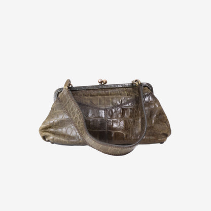 Miu Miu Crocodile-Embossed Kiss-Lock Shoulder Bag in Green Leather with Gold Hardware