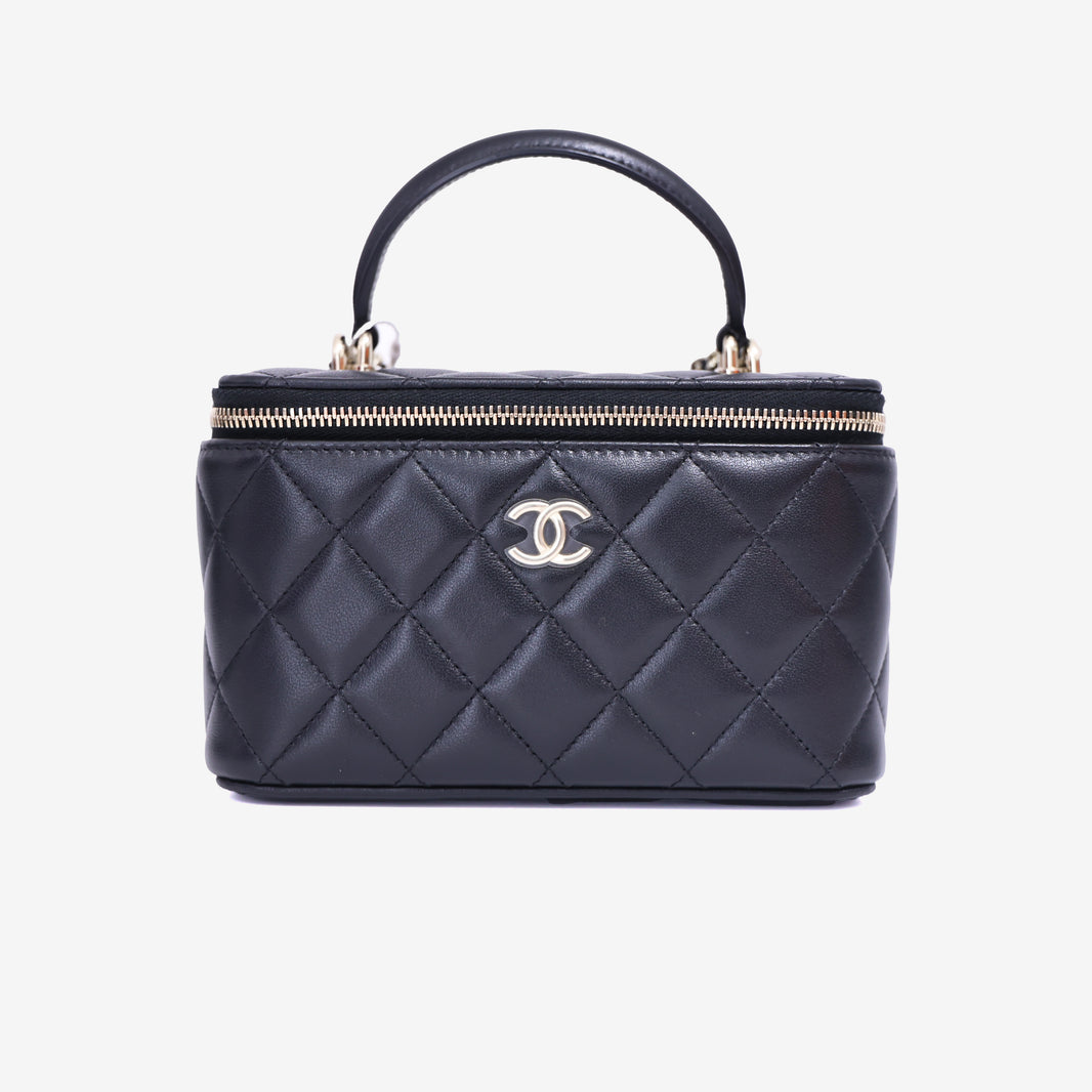 Chanel Vanity Case with Top Handle in Black Lambskin Leather with Gold Hardware front view