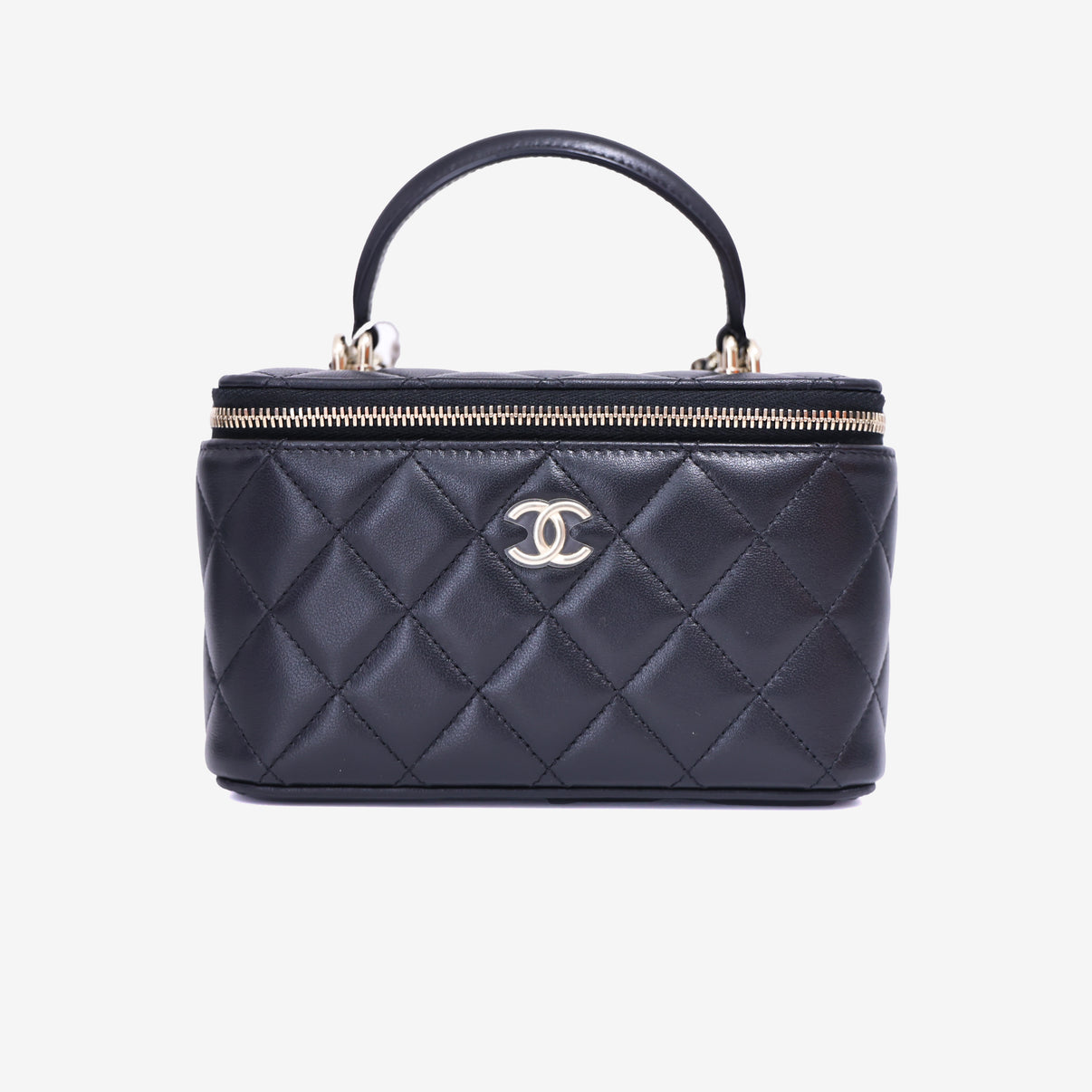 Chanel Vanity Case with Top Handle in Black Lambskin Leather with Gold Hardware front view