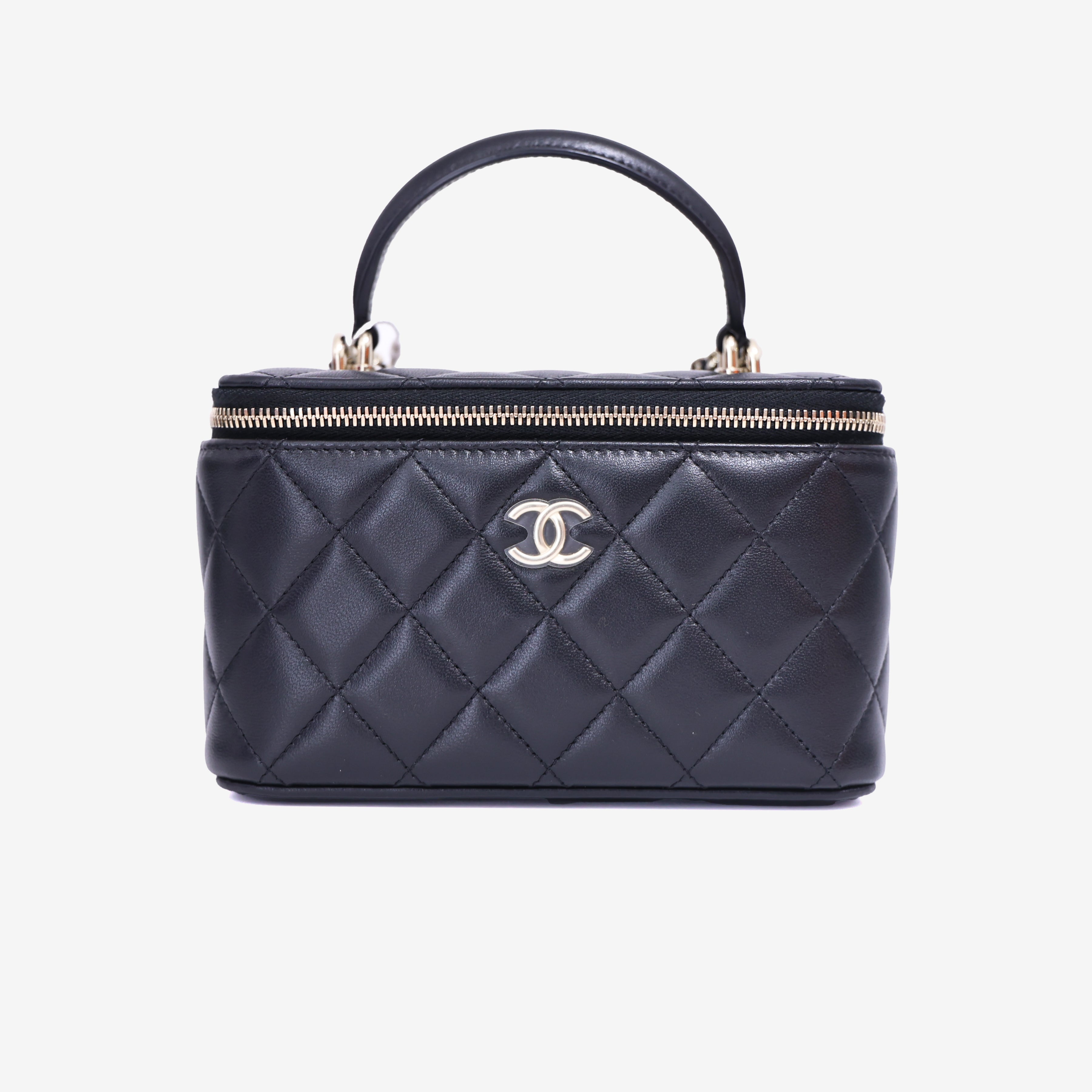 Chanel Vanity Case with Top Handle in Black Lambskin Leather with Gold Hardware front view