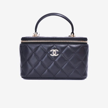 Chanel Vanity Case with Top Handle in Black Lambskin Leather with Gold Hardware front view