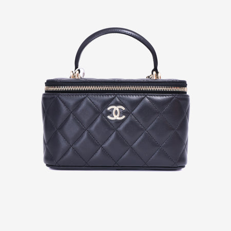 Chanel Vanity Case with Top Handle in Black Lambskin Leather with Gold Hardware front view
