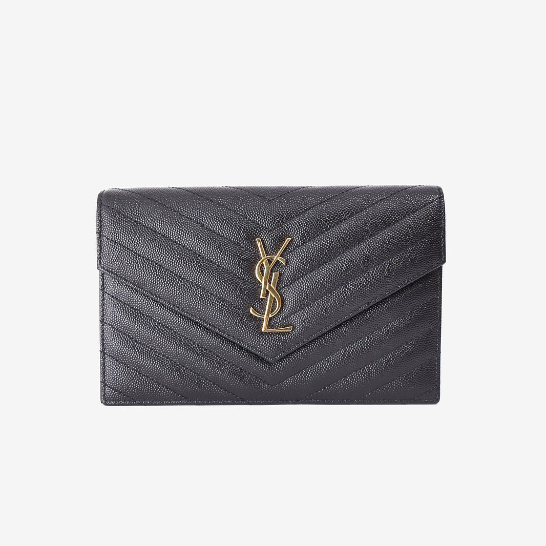 Saint Laurent Cassandre Envelope Chain Wallet in Black Grained Calfskin Leather