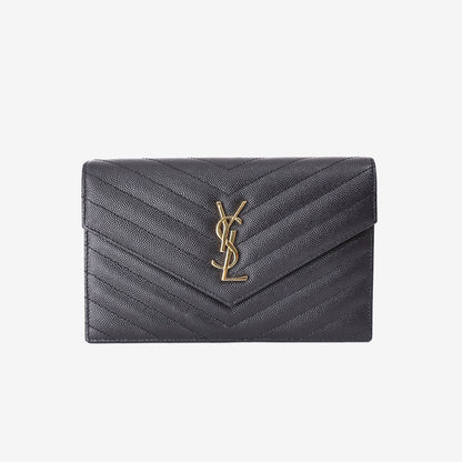 Saint Laurent Cassandre Envelope Chain Wallet in Black Grained Calfskin Leather